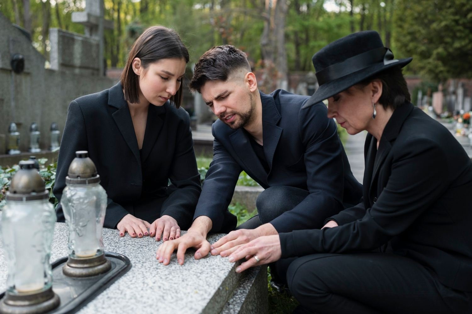 Mourning family together at the cemetery