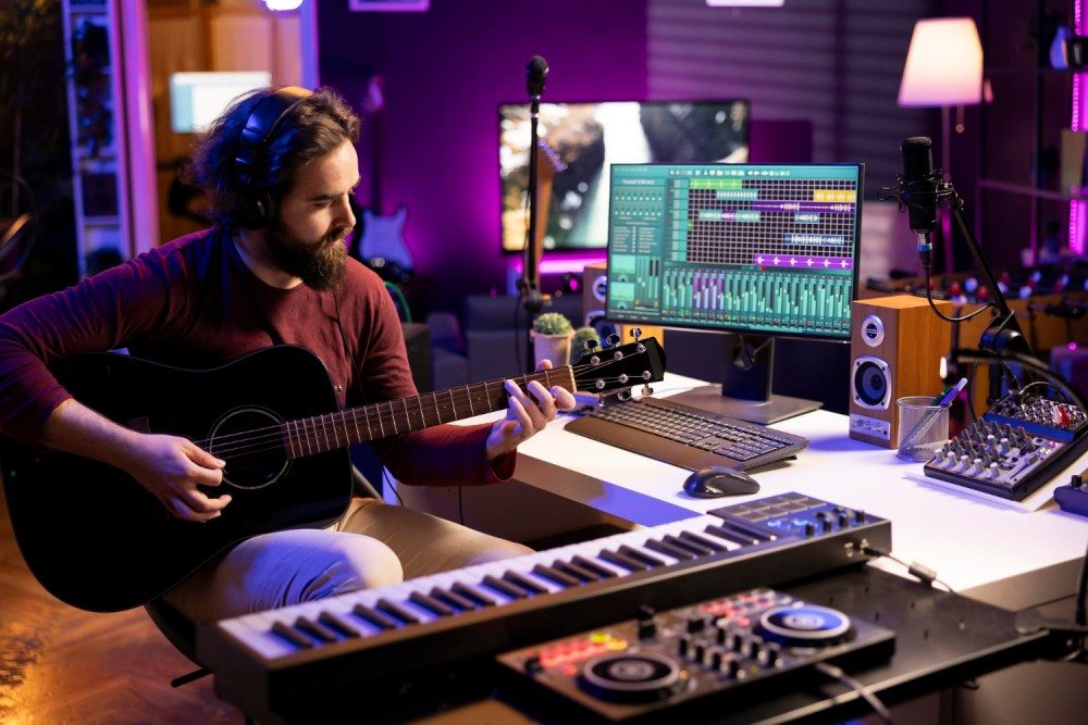 Young singer playing acoustic guitar and creating music with electronic tools
