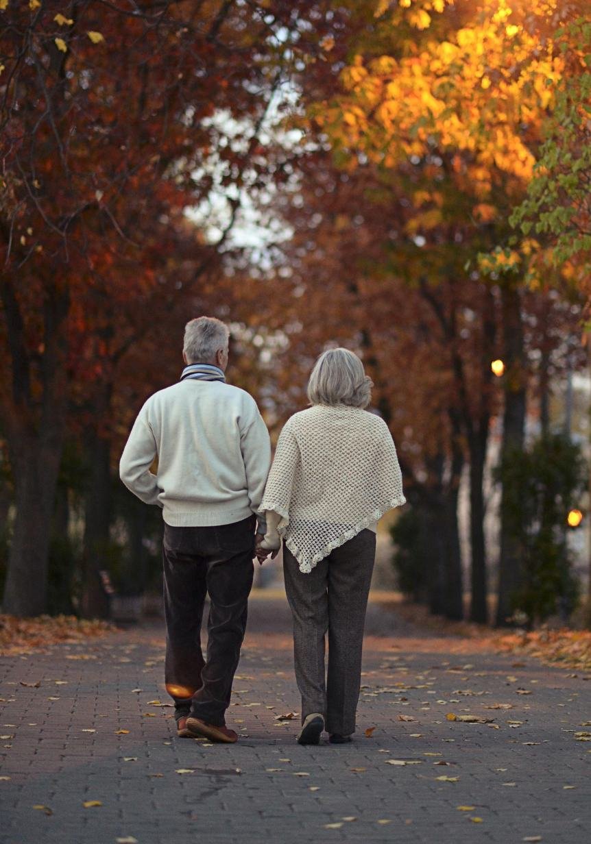 old couple walking in the forest